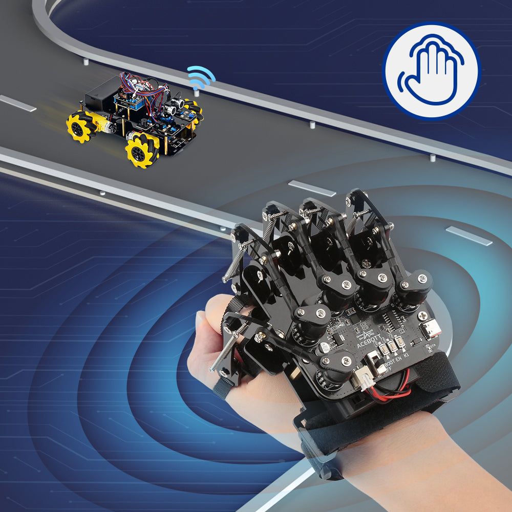 Guante de control por movimiento ESP32 ACEBOTT (en uso)